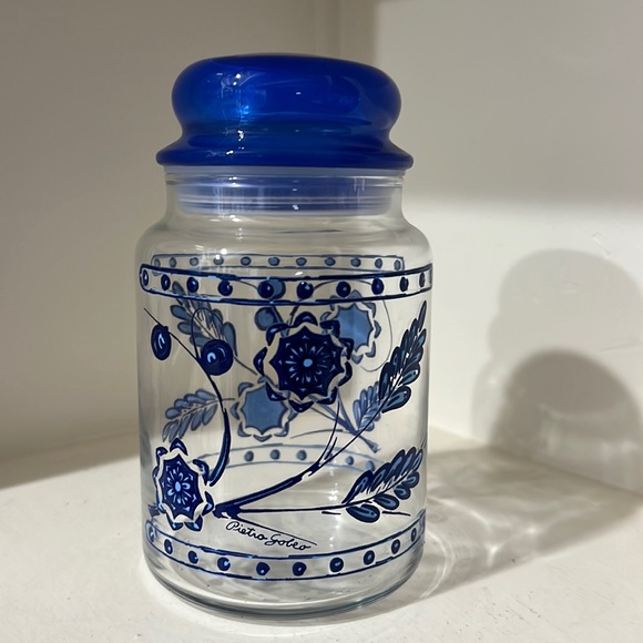 Blue floral glass canister jar. Perfect pre owned condition. Measures 7” tall - Picture 1 of 3